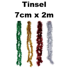 Christmas Tinsel 7cm x 2m, assorted colours
